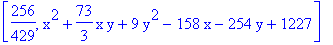 [256/429, x^2+73/3*x*y+9*y^2-158*x-254*y+1227]
